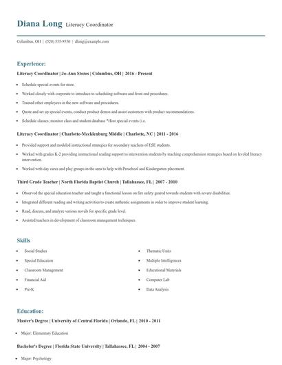 Literacy Coordinator Resume