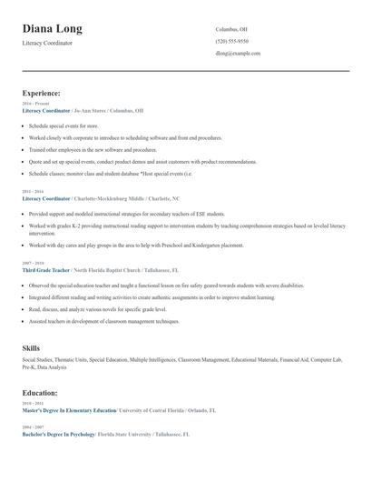 Literacy Coordinator Resume