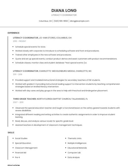 Literacy Coordinator Resume
