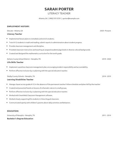 Literacy Teacher Resume