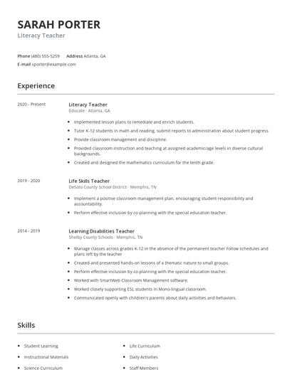 Literacy Teacher Resume