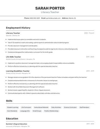 Literacy Teacher Resume
