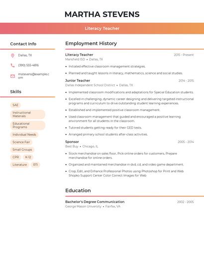 Literacy Teacher Resume