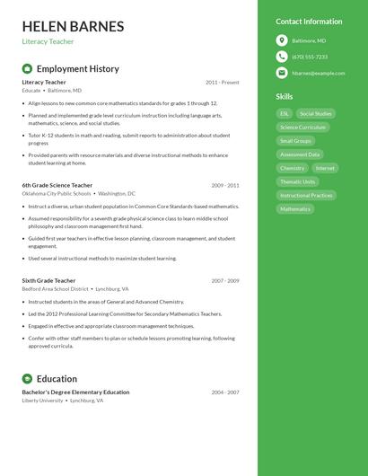 Literacy Teacher Resume