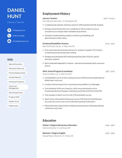 Literacy Teacher Resume