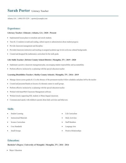Literacy Teacher Resume