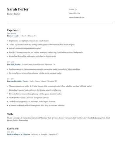 Literacy Teacher Resume