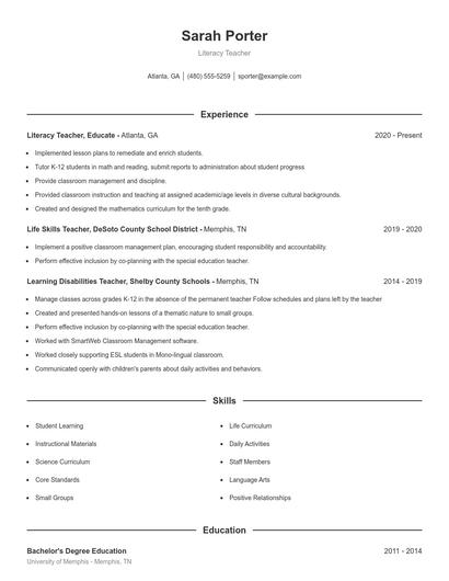 Literacy Teacher Resume