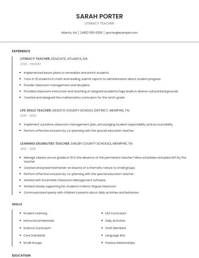 Literacy Teacher Resume