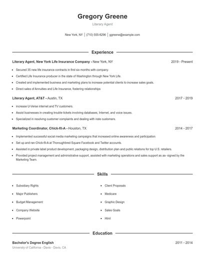 Literary Agent Resume