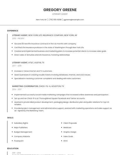 Literary Agent Resume