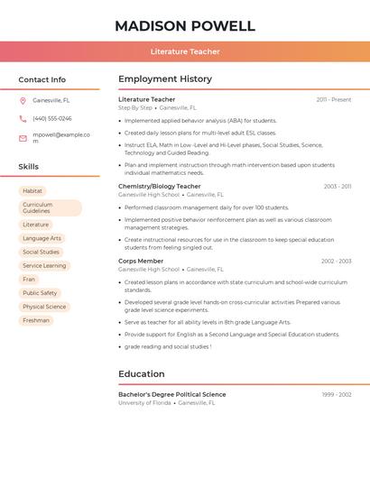 Literature Teacher Resume