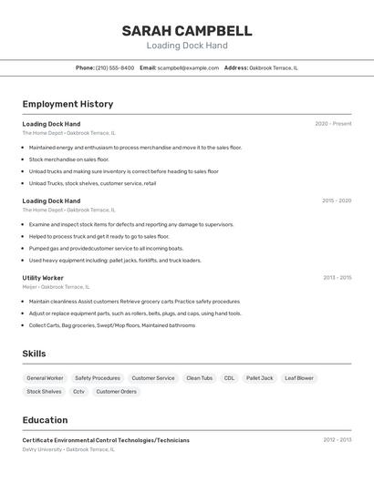 Loading Dock Hand Resume