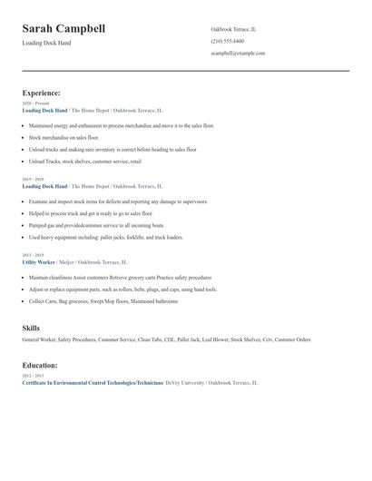 Loading Dock Hand Resume