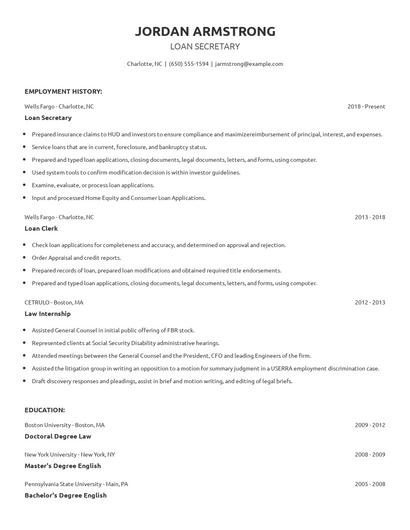 Loan Secretary Resume