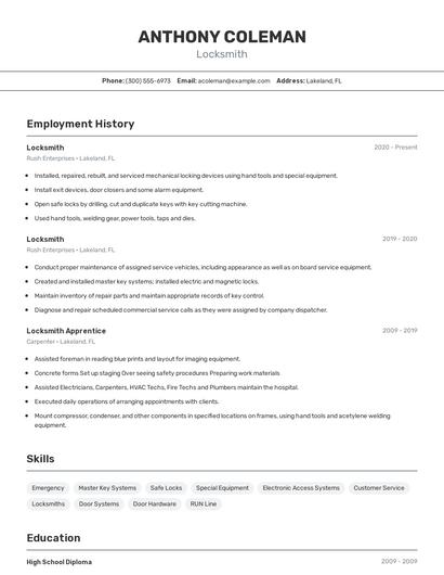 Locksmith Resume