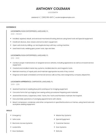 Locksmith Resume