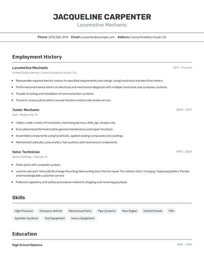 Locomotive Mechanic Resume