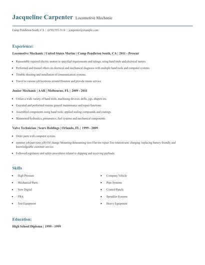 Locomotive Mechanic Resume