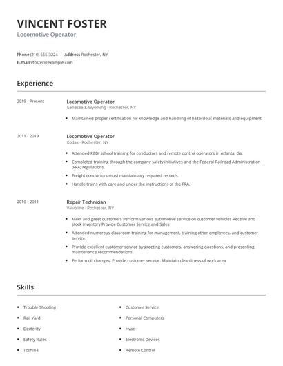 Locomotive Operator Resume