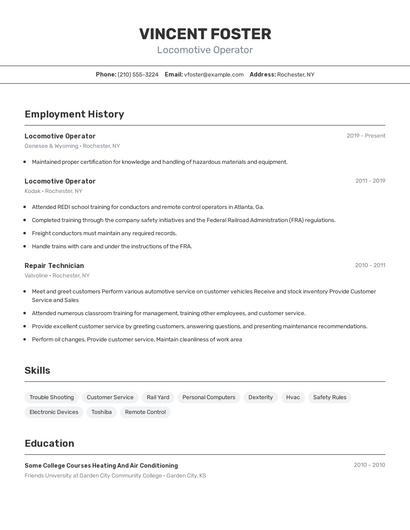 Locomotive Operator Resume