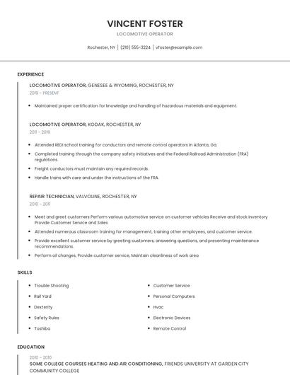 Locomotive Operator Resume