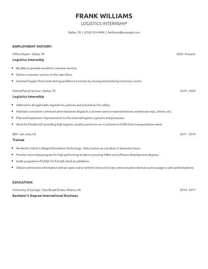 Logistics Internship Resume