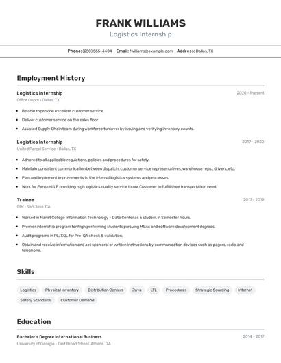 Logistics Internship Resume