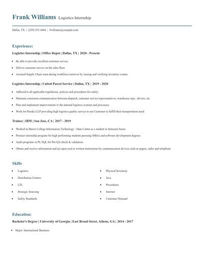 Logistics Internship Resume