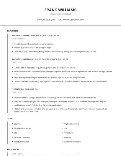 Logistics Internship Resume