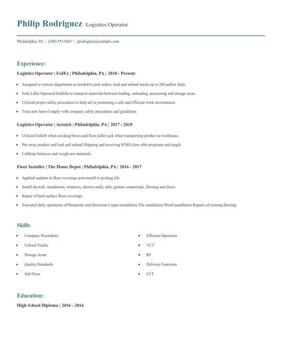 Logistics Operator Resume