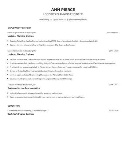 Logistics Planning Engineer Resume