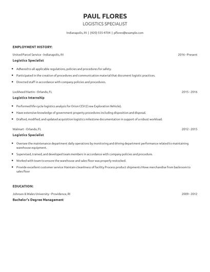 Logistics Specialist Resume