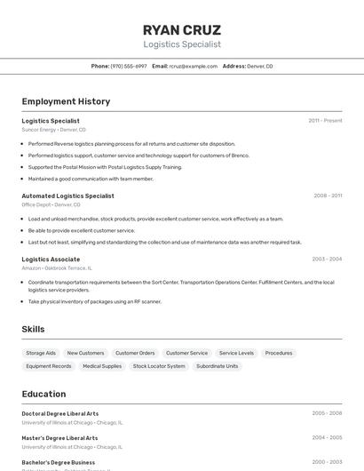 Logistics Specialist Resume