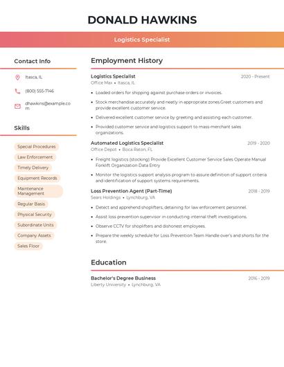 Logistics Specialist Resume