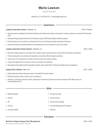 Logistics Specialist Resume