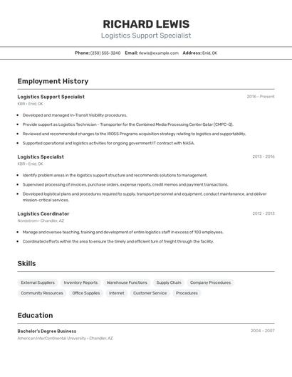 Logistics Support Specialist Resume