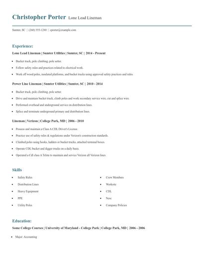 Lone Lead Lineman Resume