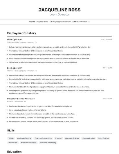 Loom Operator Resume
