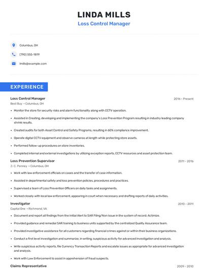 Loss Control Manager Resume