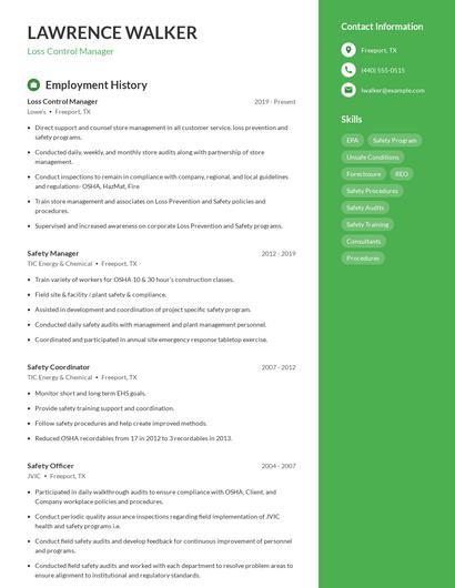 Loss Control Manager Resume
