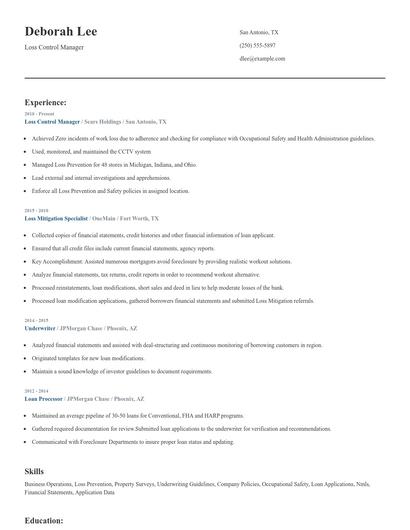 Loss Control Manager Resume