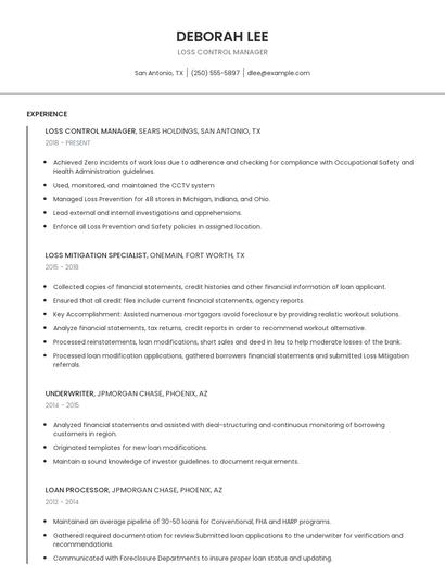Loss Control Manager Resume