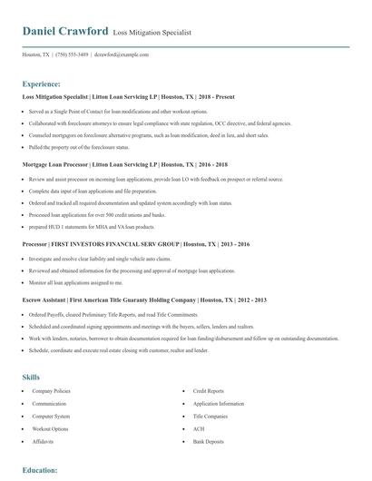 Loss Mitigation Specialist Resume