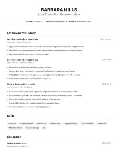 Loss Prevention Representative Resume