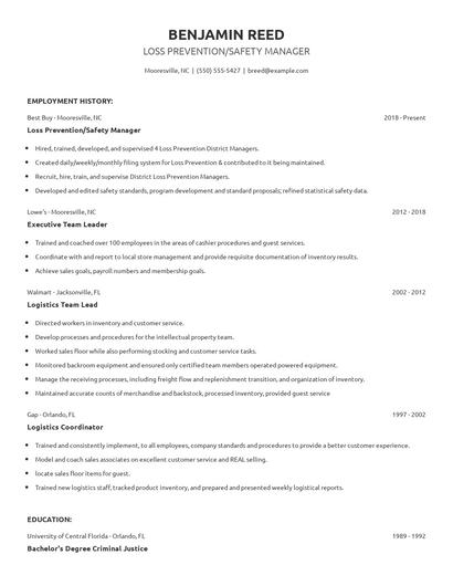 Loss Prevention/Safety Manager Resume