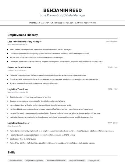 Loss Prevention/Safety Manager Resume