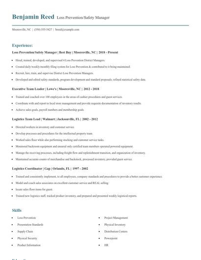 Loss Prevention/Safety Manager Resume
