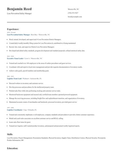 Loss Prevention/Safety Manager Resume
