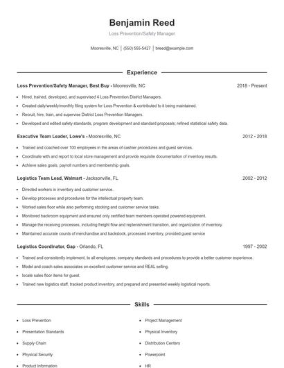 Loss Prevention/Safety Manager Resume